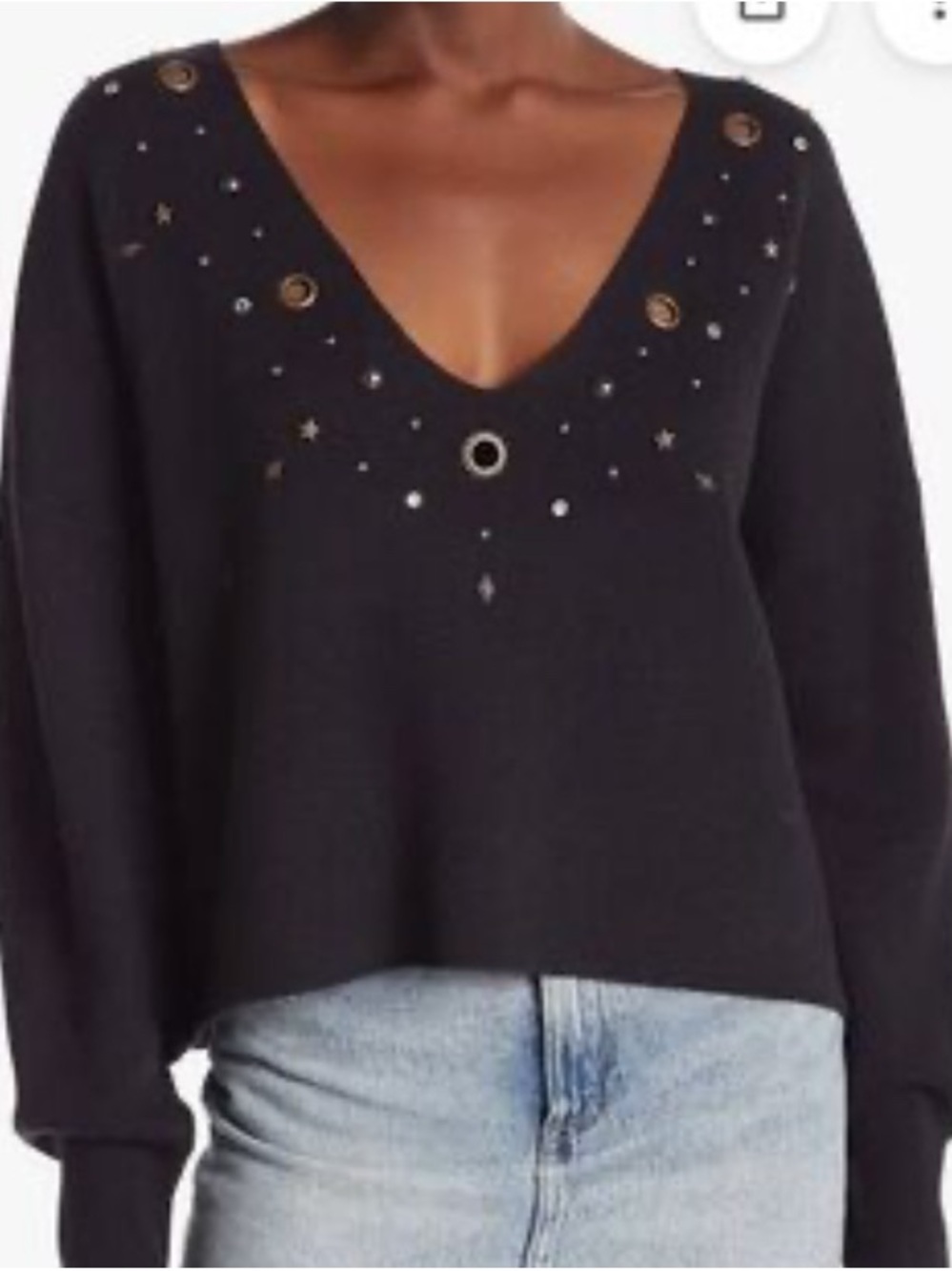 Wildfox NavyvV‑Neck Sweater with Metal Stud and Eyelet Accents